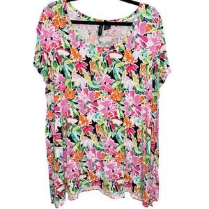 Cynthia Rowley Colorful Happy Abstract Floral Print Short Sleeve Swing Top sz 2X